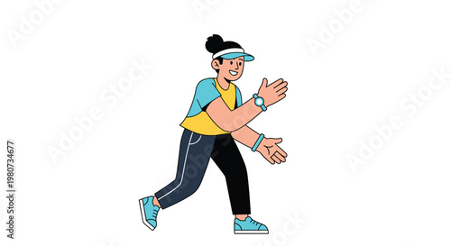 Illustration of a woman jogging in athletic wear including a yellow shirt, dark leggings, and a blue visor for fitness.