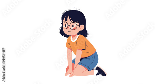Cute cartoon girl with short dark hair and glasses kneeling on the ground while wearing a yellow shirt and blue shorts.