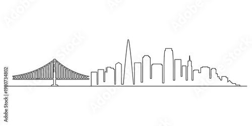 Minimalist black and white outline drawing of the san francisco city skyline with bay bridge view Vector, illustration
