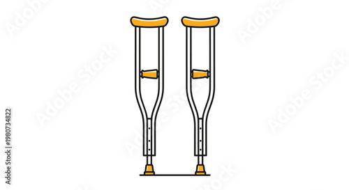 Detailed illustration of a pair of metal forearm crutches with bright orange arm pads and hand grips for mobility assistance.