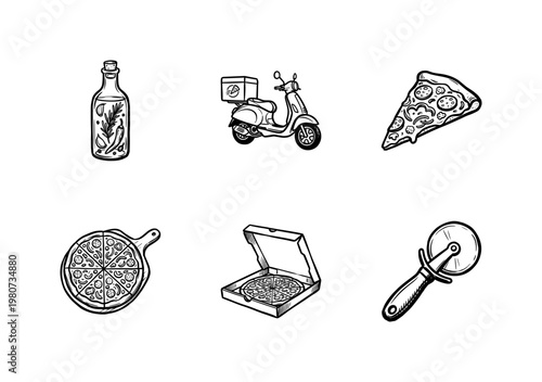Italian Pizza and Fast Food Delivery Elements with Inky Hand-Drawn Brush Strokes and Painterly Ink Wash Style