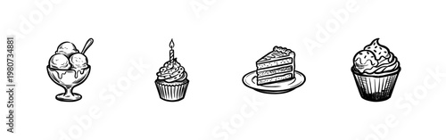 Sweet Dessert and Birthday Bakery Elements with Hand-Drawn Inky Brush Strokes and Organic Calligraphic Lines