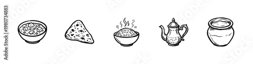 Indian Cuisine and Traditional Food Elements with Saturated Ink Brush Strokes and Hand-Drawn Painterly Aesthetic