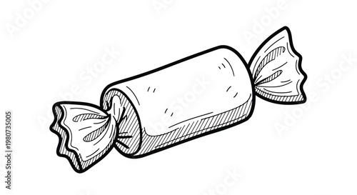 Simple black and white line drawing of a wrapped candy or sweet treat with twisted ends and detailed textured shading.