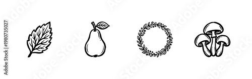 Vegan and Vegetarian Food Labels with Botanical Leaves and Garden Herbs in Hand-Drawn Inky Brush Style