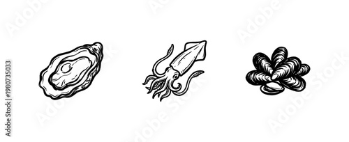 Seafood and Edible Marine Life Collection with Hand-Drawn Inky Brushwork and Detailed Painterly Textures