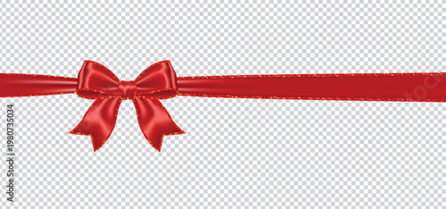 Realistic red bow with decorative gold glitter edges and bow on transparent background