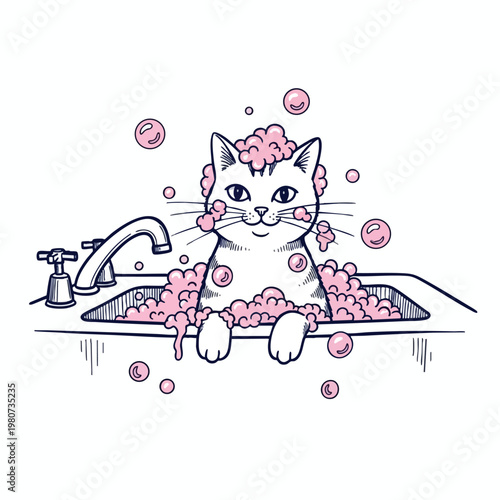 Adorable Cat Enjoying a Relaxing Bubble Bath at Home