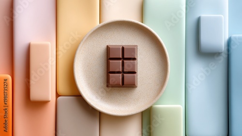 Chocolate bar on round plate with pastel background in soft light, modern minimal flat lay with single chocolate piece creating calm and cozy mood