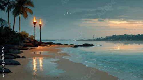 Nighttime beach with tiki torches glowing warmly near palm trees and calm ocean water reflecting peaceful sunset sky