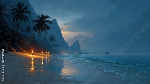 Nighttime beach with tiki torch lights reflecting on wet sand and calm ocean waves under cloudy sky and distant mountains