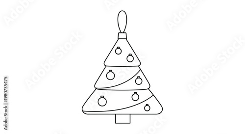 Minimalist line art of a tiered Christmas tree decorated with small round baubles and a star topper for festive designs.