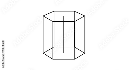 Geometric line drawing of a hexagonal prism showing its 3D structure and wireframe edges for educational or technical use.