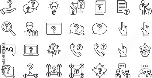Question support help and FAQ icon set with customer service inquiry communication assistance search problem solving symbols collection