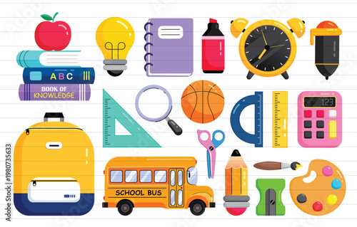 School elements clipart set with school bus, backpack, books, notebook, ruler, alarm clock, basketball, scissors, and stationery school elements for educational, learning, math and science projects. 