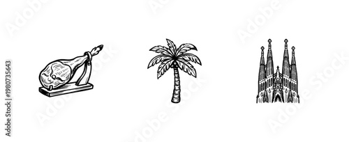 Barcelona Travel and Spanish Culture Elements with Inky Brush Strokes and Hand-Drawn Painterly Aesthetic