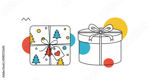 Pair of stylishly wrapped gift boxes in square and round shapes with colorful dots and tree patterns for celebrations.