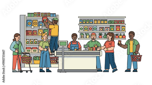 Grocery Store Scene: Capturing the everyday hustle of a supermarket, with people shopping, employees restocking shelves, and the hum of transactions, offers a glimpse into community and commerce.