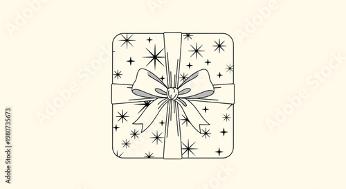 Top down view of a square gift box with a large bow and a starry pattern on the wrapping paper for special occasions.