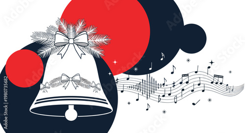 Large decorative Christmas bell with pine branches and ribbons surrounded by flowing musical notes on a dark background.