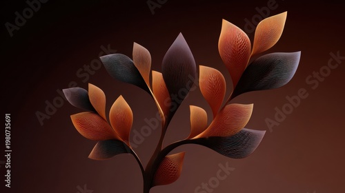 Stylized cocoa tree silhouette with detailed leaves in warm brown and dark tones creating elegant natural shapes and texture