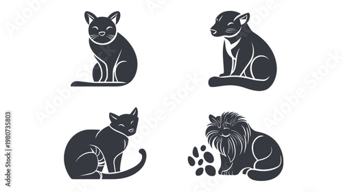 Stylized illustrations of cats and a lion, in a black and white design on a clean, empty background