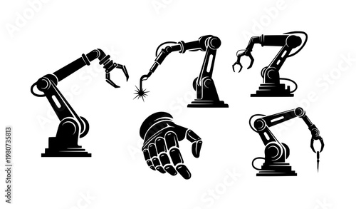 Stylized industrial robot arm silhouettes with gripper welding tool and robotic hand in dynamic composition vector