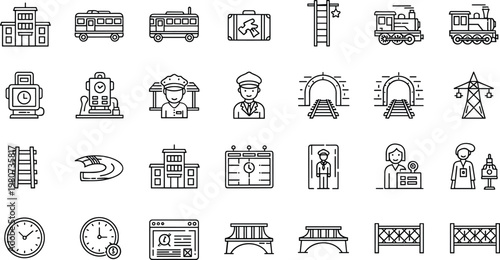 Railway transportation train station and metro service icon set with locomotive tracks tunnels timetable conductor ticket travel symbols collection