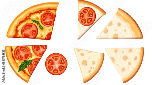 Cartoon pizza slices, some with tomatoes and herbs, others with plain cheese