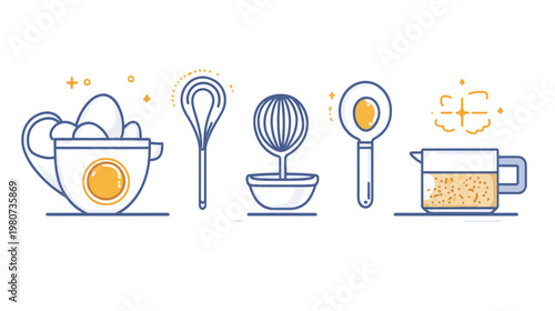 Four culinary icons, drawn in white with blue accents and orange highlights