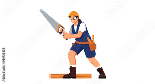 Female construction worker in protective gear using a hand saw to cut wood while working on a building project.