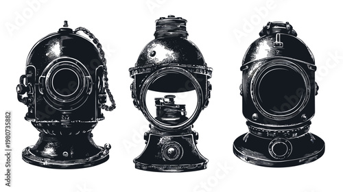 Three vintage diving helmets in black and white, detailed and illustrative