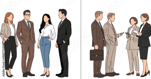 Business people groups discussing and interacting in formal attire corporate communication teamwork and professional meeting illustration
