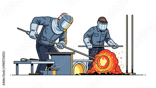 Artisans at Work: Skilled artisans are meticulously shaping molten glass, a scene of precision, craftsmanship, and the beauty of creation.