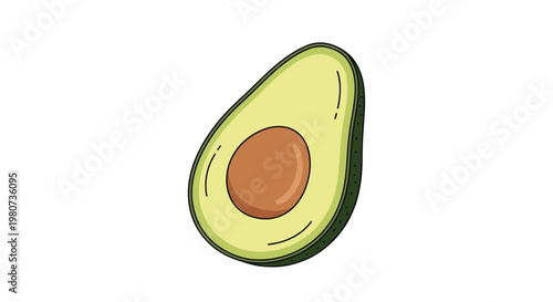 Detailed realistic illustration of a fresh halved avocado with a smooth green interior and a large brown central seed.