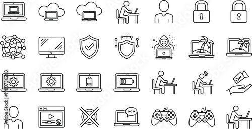 Remote work cybersecurity and laptop technology icon set with cloud computing data protection gaming productivity internet connection symbols collection