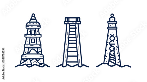 Three illustrated stylized lighthouses, each with unique design, stand in calm water