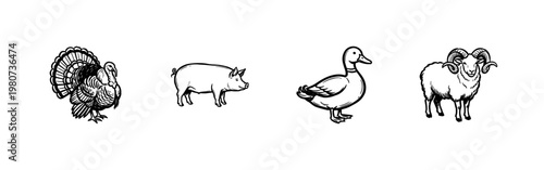 Farm Animal and Livestock Meat Label Elements with Hand-Drawn Inky Brushwork and Vintage Painterly Aesthetic