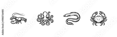 Marine Fish and Seafood Illustrations with Hand-Drawn Inky Brushwork and Calligraphic Fluid Ink Style