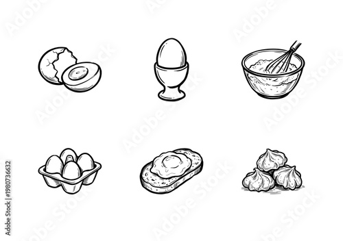 Egg Dishes and Breakfast Culinary Ingredients with Hand-Drawn Inky Brush Strokes and Fluid Organic Outlines for Commercial Food Design