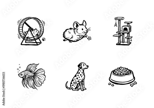 Domestic Pets and Animal Care Accessories with Hand-Drawn Inky Brushwork and Fluid Organic Lines