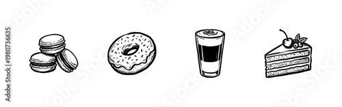 Cafe Coffee and Bakery Dessert Selection with Hand-Drawn Chalkboard Style Ink Illustration for Menu Design.