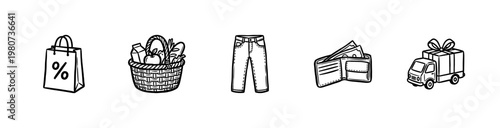 Online Shopping and E-commerce Retail Elements with Hand-Drawn Inky Brush Strokes and Organic Calligraphic Lines