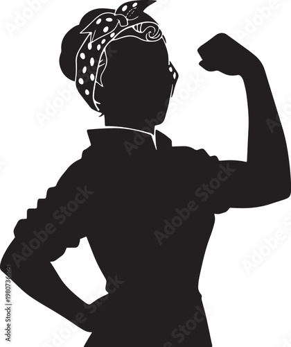 Woman silhouette flexing muscle wearing polka dot bandana head scarf representing strength and female empowerment icon isolated on transparent ground