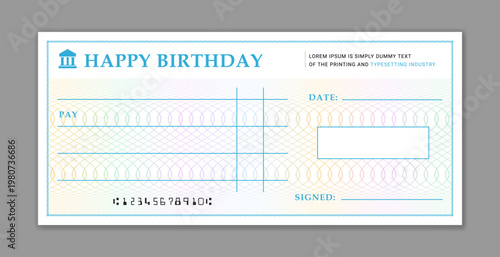 Creative birthday check card Template. Editable birthday money gift voucher certificate. Charity donation cheque