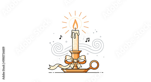 Festive illustration of a lit wax candle in a golden holder decorated with a pretty bow and floating musical notes.