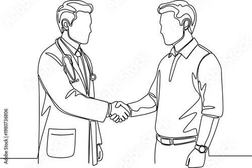 Doctor shaking hands with patient continuous line drawing medical trust agreement healthcare partnership concept illustration