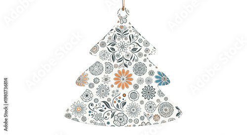 Decorative christmas tree shaped ornament filled with an intricate multi colored floral and botanical line pattern.