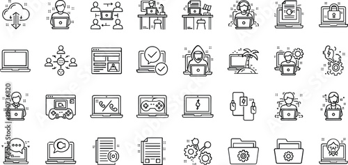 Remote work technology line icons set featuring freelance workspace laptop communication productivity digital nomad online collaboration outline vector collection