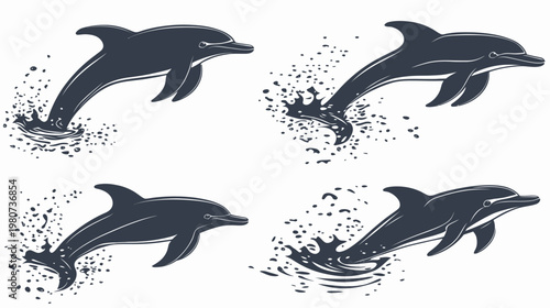 Four black dolphins leaping and splashing in the water, shown as a simple graphic